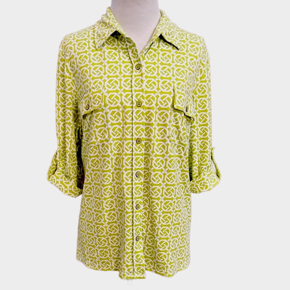 J. McLaughlin Monroe Catalina Cloth Button Up Top Green Geometric Small. B11
